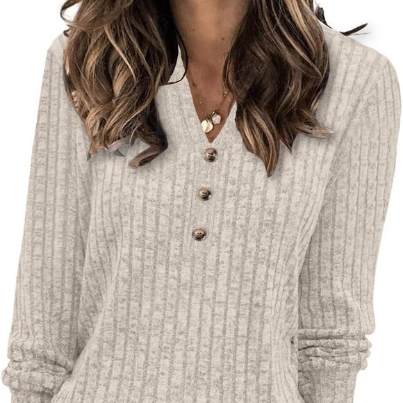 Chic V-Neck Women's Sweater with Button Detailing - Perfect for Fall Style - Picture 1 of 4